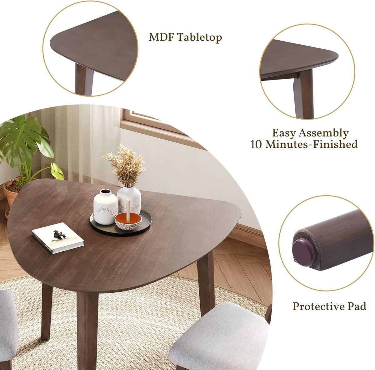 P PURLOVE Modern 3 Piece Table Set, Triangular Table and 2 Curved Wood Chairs for Living Room, Dining Room, Kitchen, Small Space, Minimalist Space-Saving (Brown and Grey)