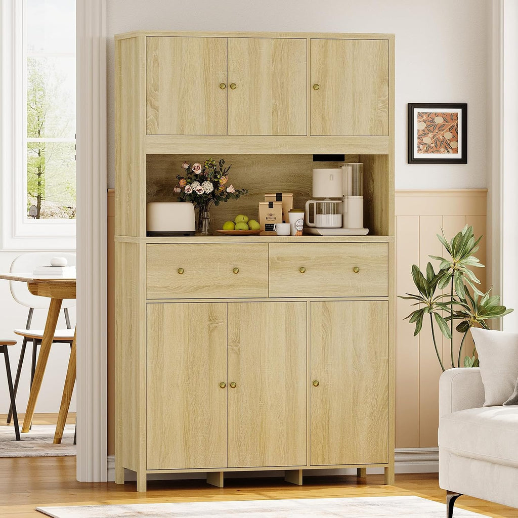 GarveeHome 71" Tall Kitchen Pantry Cabinet with Charing Station, Kitchen Pantry Storage Cabinet with Countertop, Modern Kitchens Hutch Cabinets with Storage for Living Room Dining Room, Natural