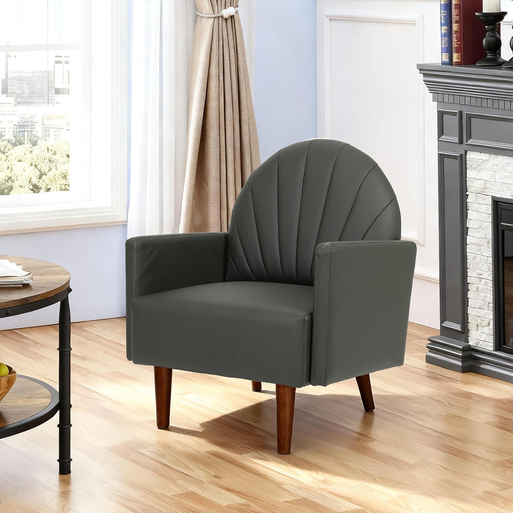 Modern Upholstered Single Sofa Chair，PU Leather Armchair Vanity Chair Shell Back Accent Chair with High Resilience Foam Cushion, Spacious Seating Reading Chair for Living Room Bedroom (Sage Green)