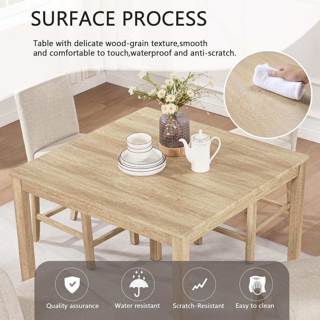 RuiSiSi 5-Piece Counter Height Dining Table Set, Square Dining Table White with 4 Upholstered Chairs, Solid Wood Kitchen Table and Chairs Set for Kitchen, Light Oak + Beige