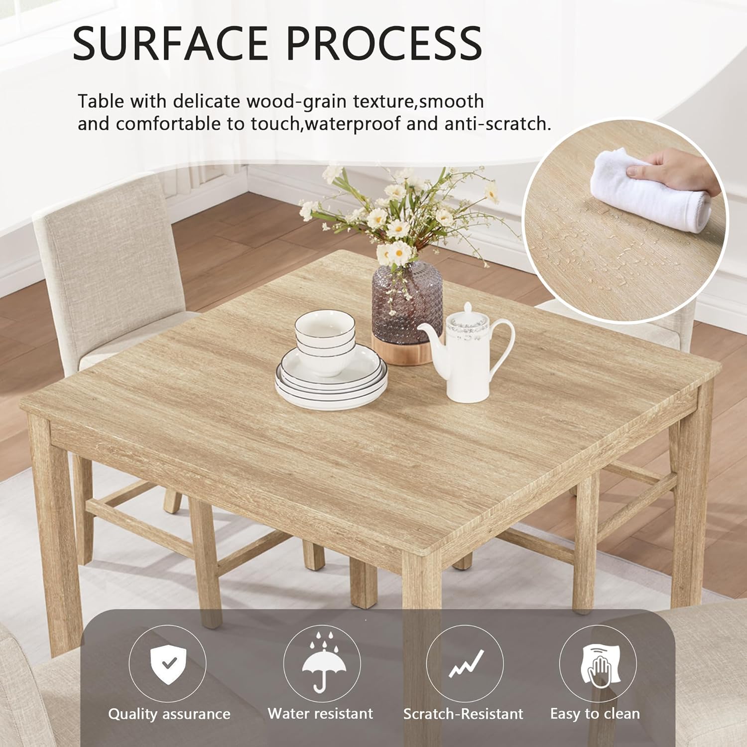 RuiSiSi 5-Piece Counter Height Dining Table Set, Square Dining Table White with 4 Upholstered Chairs, Solid Wood Kitchen Table and Chairs Set for Kitchen, Light Oak + Beige