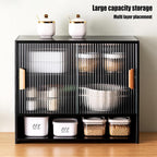 Countertop Storage Cabinet with 2 Sliding Striped Glass Doors, Freestanding Kitchen Bamboo Pantry Sideboard with Adjustable Shelf, Black Utility Cupboard for Home Bar, Coffee Bar