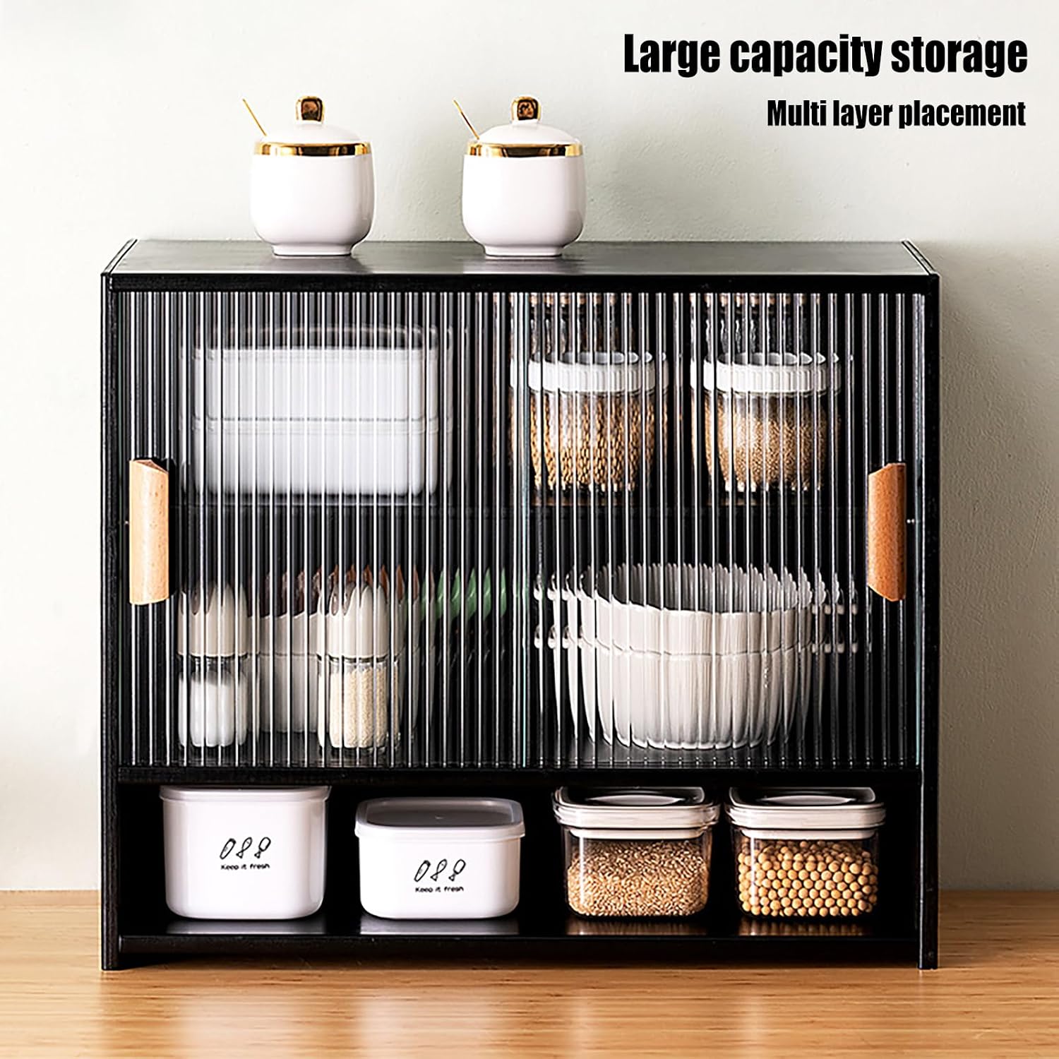 Countertop Storage Cabinet with 2 Sliding Striped Glass Doors, Freestanding Kitchen Bamboo Pantry Sideboard with Adjustable Shelf, Black Utility Cupboard for Home Bar, Coffee Bar