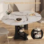 Extendable Dining Table 43"-59" for 4-6, White Faux Marble Round Kitchen Dining Room Table with 2 Tier Storage Shelves, Expandable Round to Oval Dinner Table with Storage for Kitchen Living Room