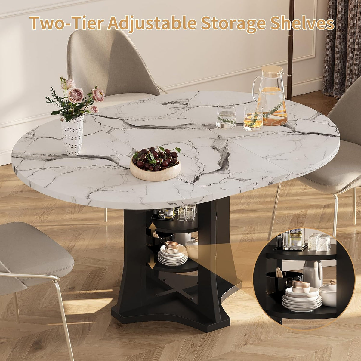Extendable Dining Table 43"-59" for 4-6, White Faux Marble Round Kitchen Dining Room Table with 2 Tier Storage Shelves, Expandable Round to Oval Dinner Table with Storage for Kitchen Living Room