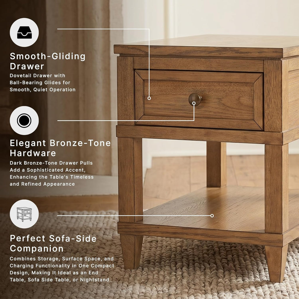 Signature Design by Ashley Sharlance End Table with Drawer, Built-in USB-A & USB-C Charging Ports, Hardwood and Hickory Veneer Side Table for Living Rooms, Light Brown, 20'' W x 26'' D x 24'' H