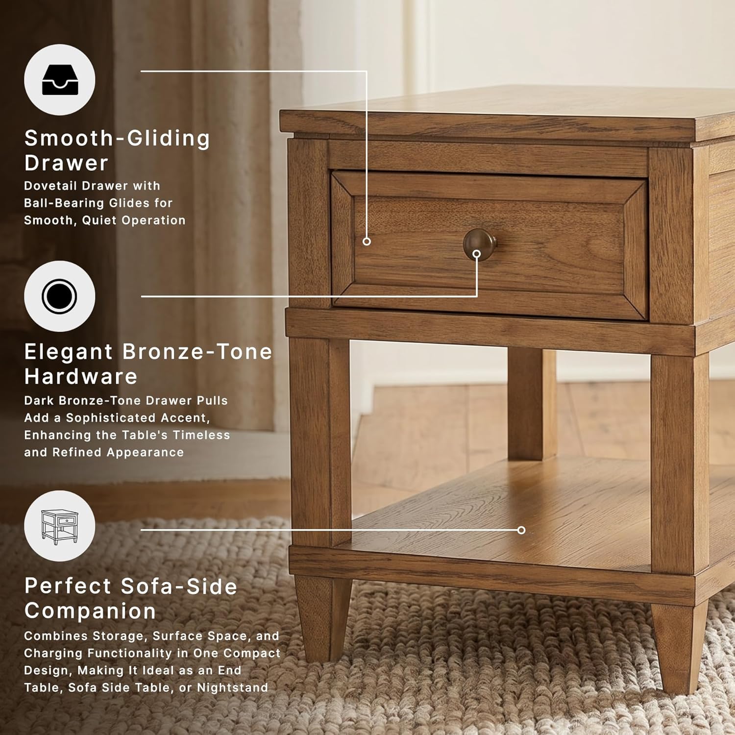 Signature Design by Ashley Sharlance End Table with Drawer, Built-in USB-A & USB-C Charging Ports, Hardwood and Hickory Veneer Side Table for Living Rooms, Light Brown, 20'' W x 26'' D x 24'' H