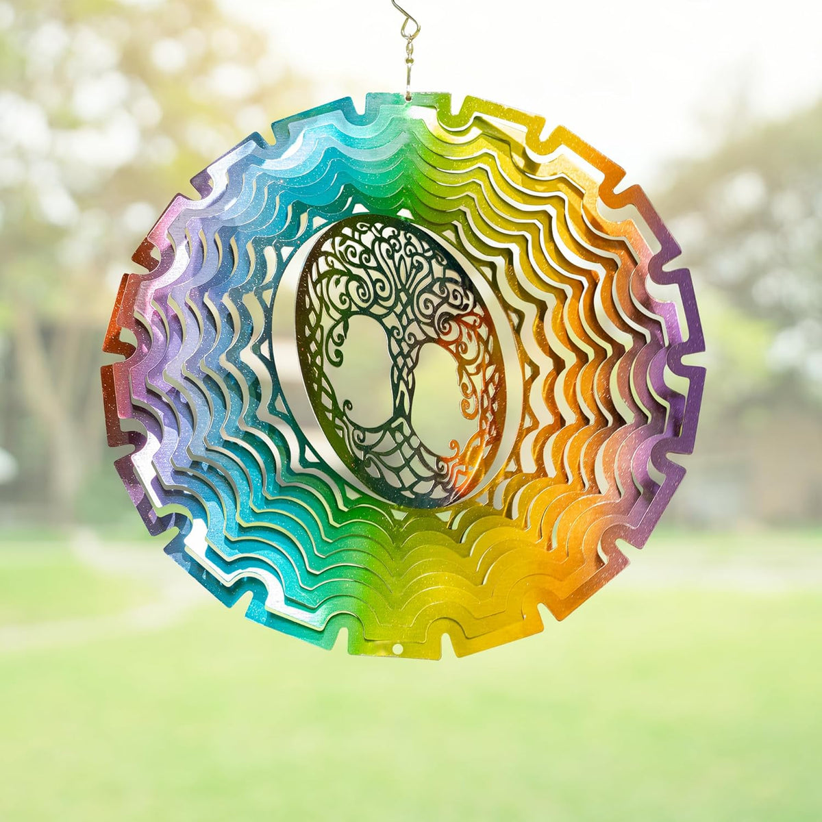 Skylar Tree of Life Wind Spinner, Stainless-Steel Garden Decor, 3D Wind Charm with Holographic Effect, Unique 12-Inch Sun Catcher, Foldable Ornament with 2 Support Hooks for Hanging