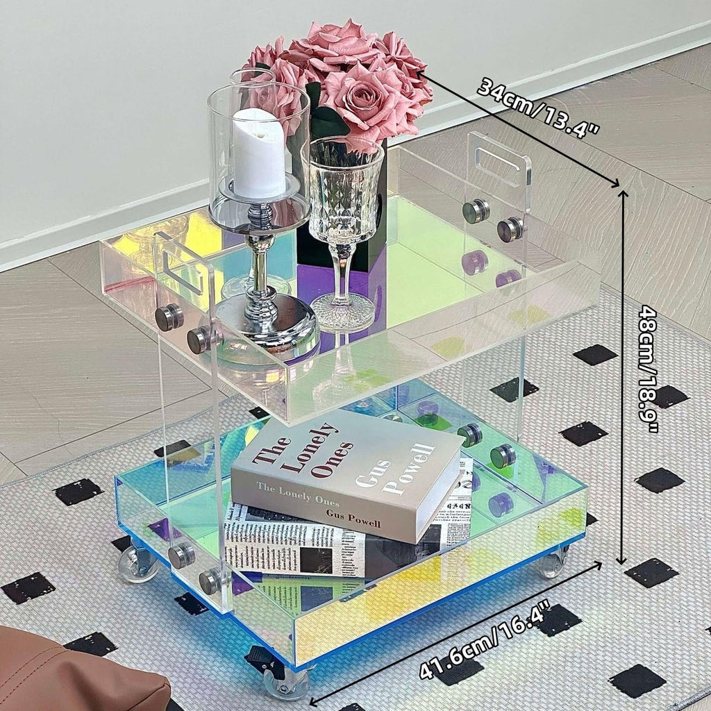 Acrylic End Table with Wheels, 2/3 Tiers Acrylic Bar Cart, Rolling Utility Cart with Handle, Colorful Clear Side Table for Drink, Food, Snack Used in Living Room, Bedroom, Study(16.4''x13.4''x18.9'')