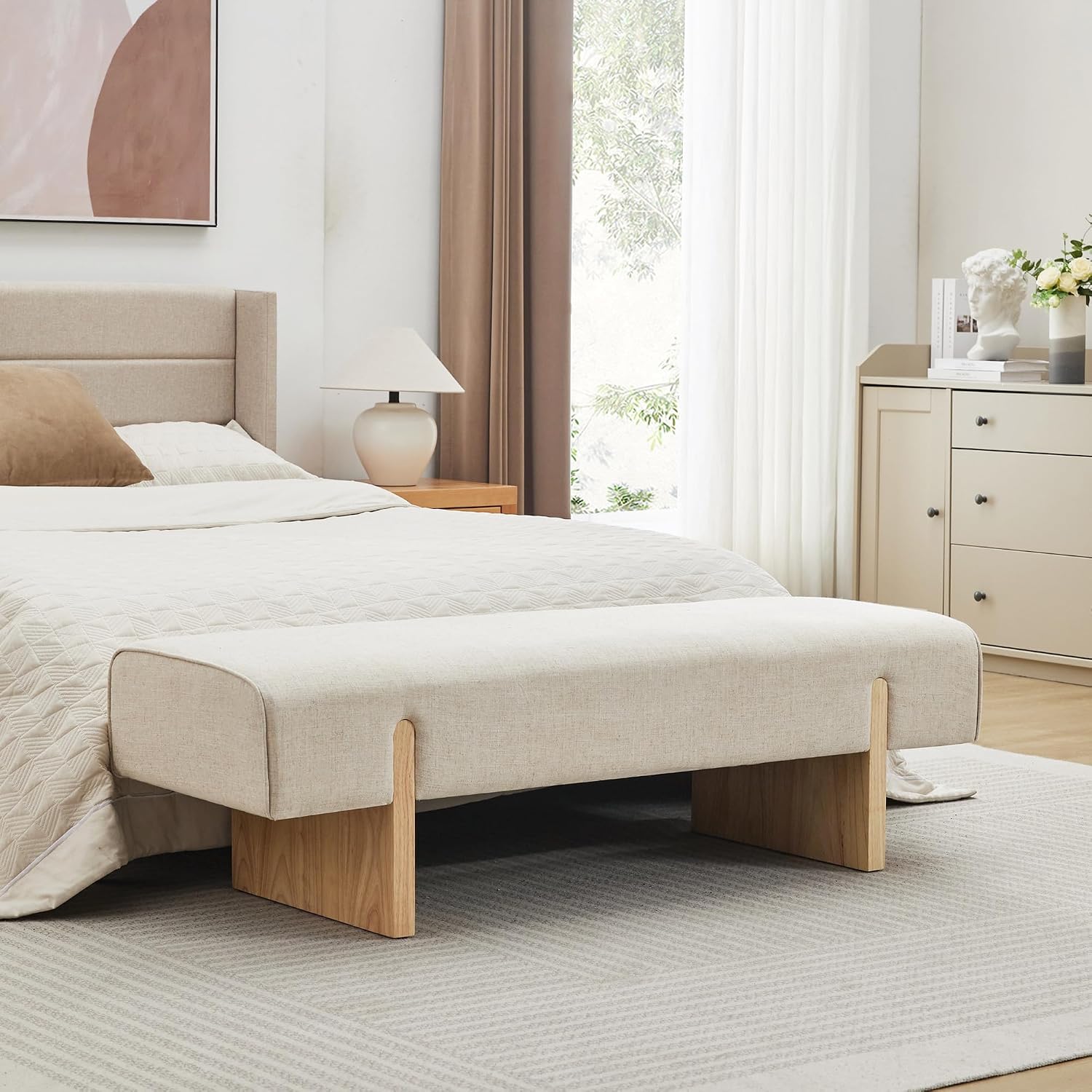 Zesthouse Solid Wood Bench for Bedroom, 55'' Upholstered Linen Fabric End of Bed Bench Queen Size, Modern Wooden Entryway Bench with Rubberwood Leg & Padded Cushion, Long Ottoman Bench Seat Indoor