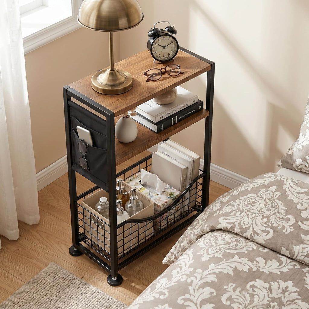 Skinny Side Table with Storage, 3 Tier Slim Side Tables for Small Spaces, Skinny End Table Narrow Bedside Table Narrow Side Table for Living Room, Bedroom