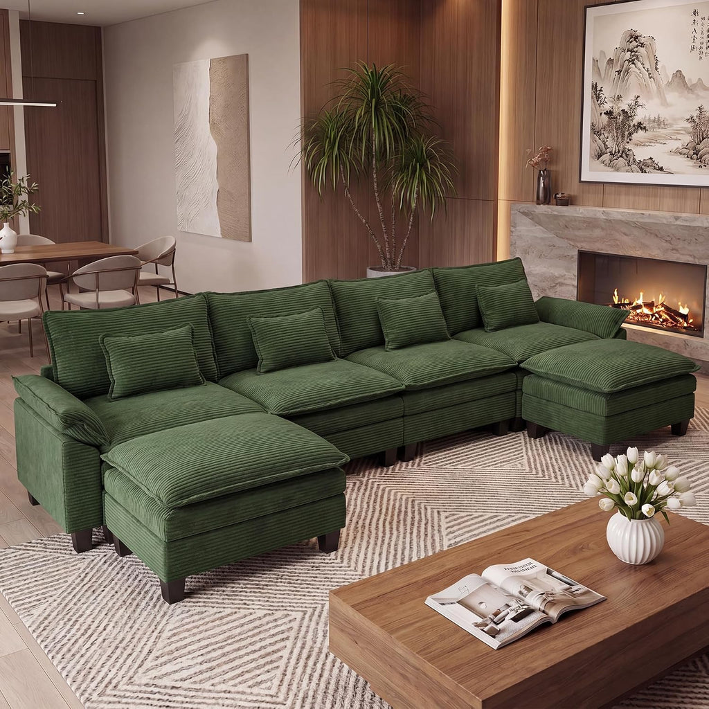 URRED Oversized Modular Sectional Sofa，Solid Green：157" U Shaped | Modern Comfy Cloud Couch with Movable Ottoman and Pillow, Deep Seat Couches for Living Room, Bedroom or Apartment