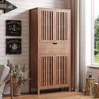 BVIUNTWO Farmhouse Wooden Kitchen Pantry Storage Cabinet, Tall Storage Cupboard with Slatted Doors & Drawer, 68.8" Freestanding Cabinet for Kitchen, Dining Room, Living Room, Brown