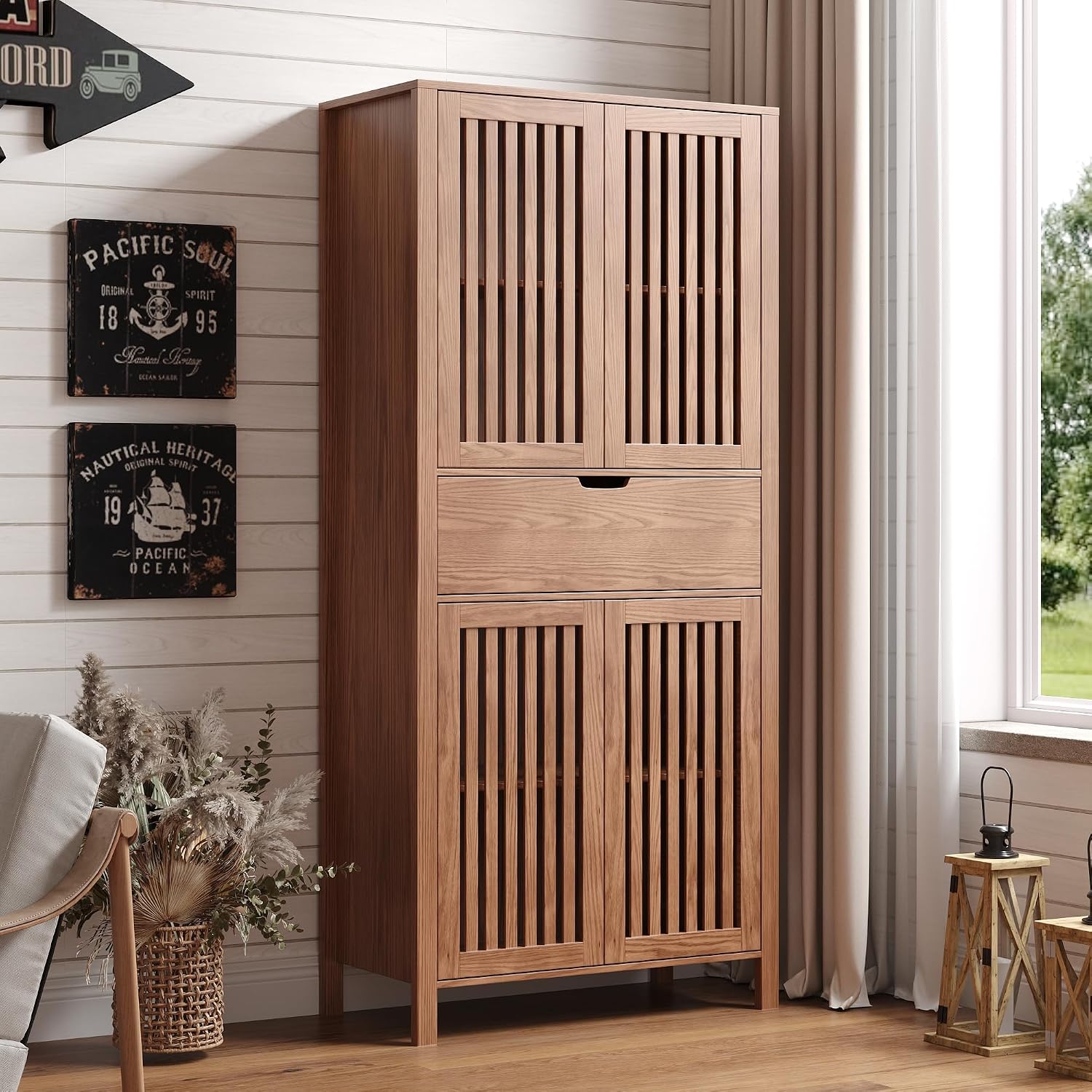 BVIUNTWO Farmhouse Wooden Kitchen Pantry Storage Cabinet, Tall Storage Cupboard with Slatted Doors & Drawer, 68.8" Freestanding Cabinet for Kitchen, Dining Room, Living Room, Brown