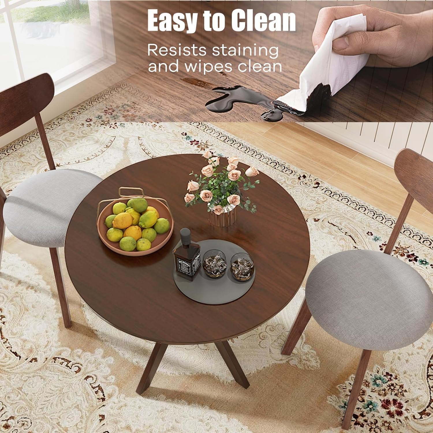 NAFORT Round Dining Table Set for 2, Mid-Century Modern Table and Chairs, Wood Kitchen Table w/Cushioned Chairs, Compact 3 Piece Dinette Set for Office, Bistro, Small Spaces, Kitchen, Restaurant