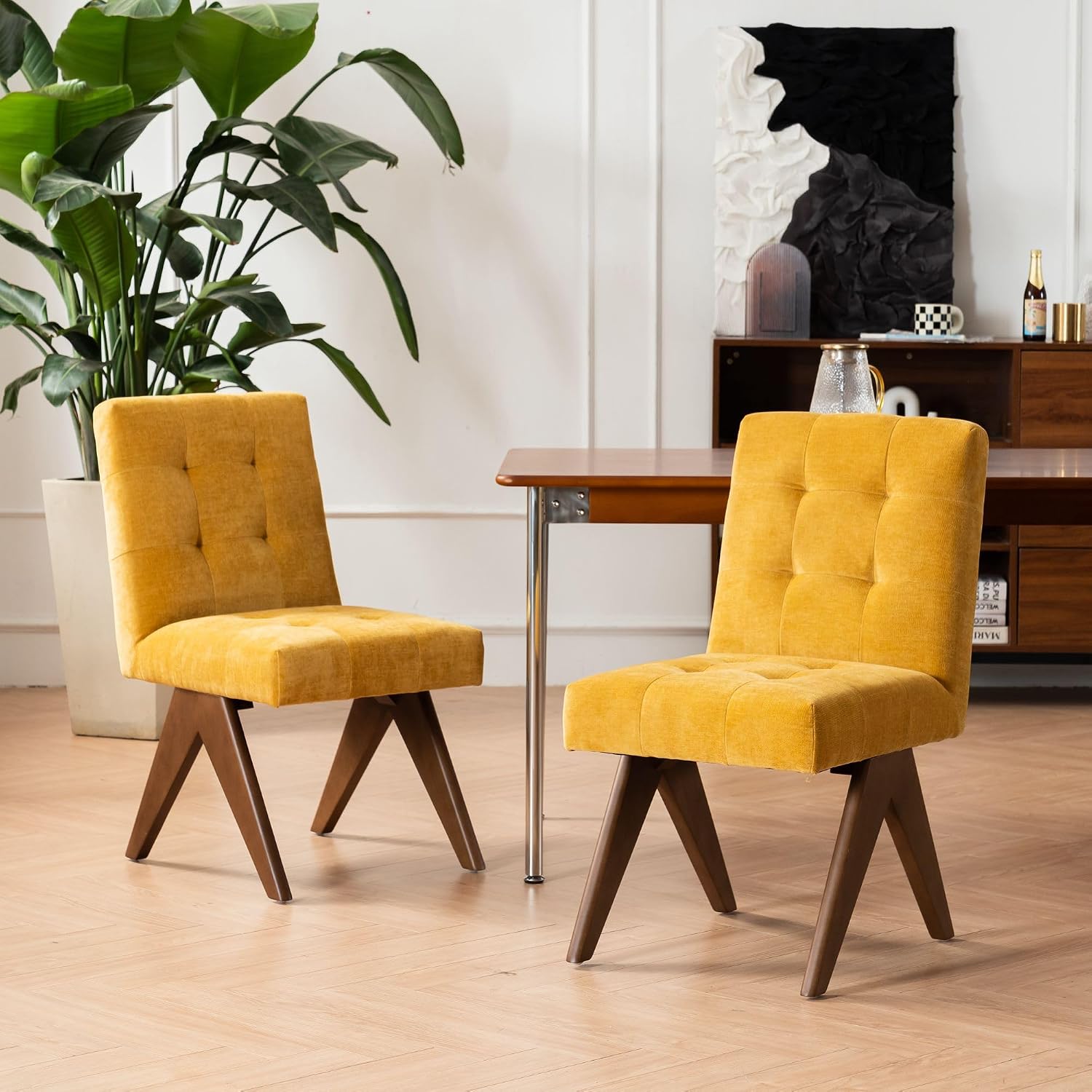 Rowill Modern Upholstered Dining Chairs Parsons Chair Linen Fabric Kitchen Chairs Tufted Armless Dining Room Chairs with Wood Legs Set of 2, Yellow