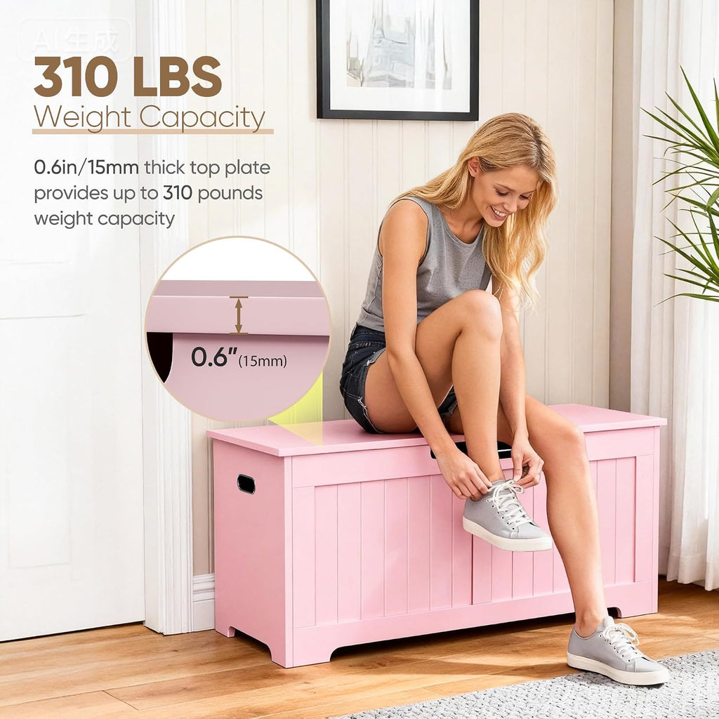 SUPER DEAL Storage Chest, 39 inches Chest Box Organizer with 2 Safety Hinges, Wooden Entryway Shoe Organizer Storage Bench, Pink