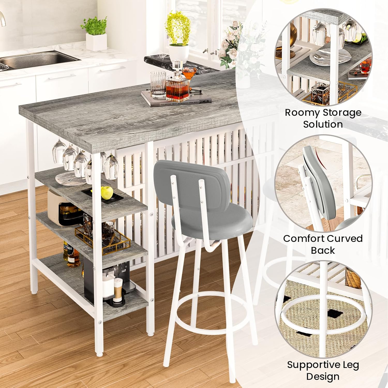 DKLGG 3 Piece Dining Table Set for 2,Kitchen Island with Seating & Storage,Industrial Bar Table and Chairs Set,Space-Saving Pub Table Set for Small Space (Grey)