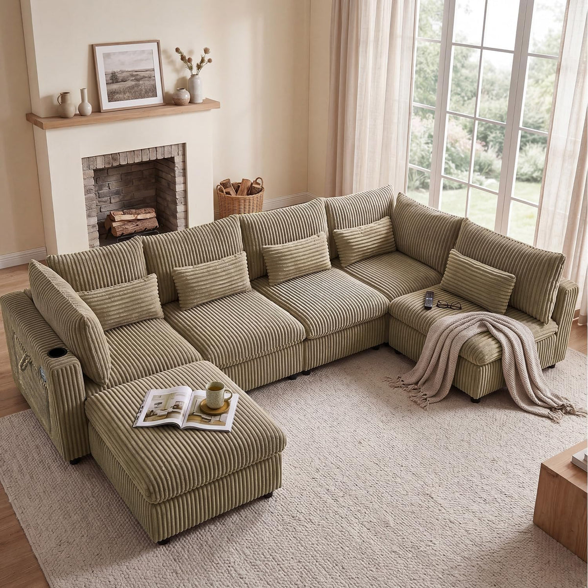 130" Oversized Cloud Couch Large Modular Sectional Sofa Modern U Shaped Sectional Couch 6 Deep Seat Sofa Set for Living Room Comfy Corduroy Cloud Sofa with Ottoman, USB Port, Cup Holder, Light Brown