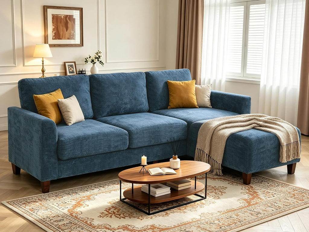 L Shaped Sectional Couch for Living Room, Modular Small Sofa with Ottoman | 96 Inch, 3 Deep Seats, Blue, Chenille, Easy Tool-Free Assembly, Modern Compact Sofa Set for Apartment, Office, Small Space