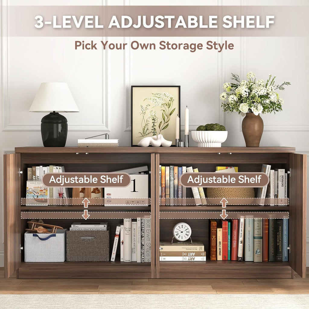 63" Fluted Buffet Cabinet Sideboard with Storage,Large Credenza with 4 Doors with Adjustable Shelves,Wood Mid Century Modern Sideboard for Kitchen, Living Room,Entryway(Walnut)