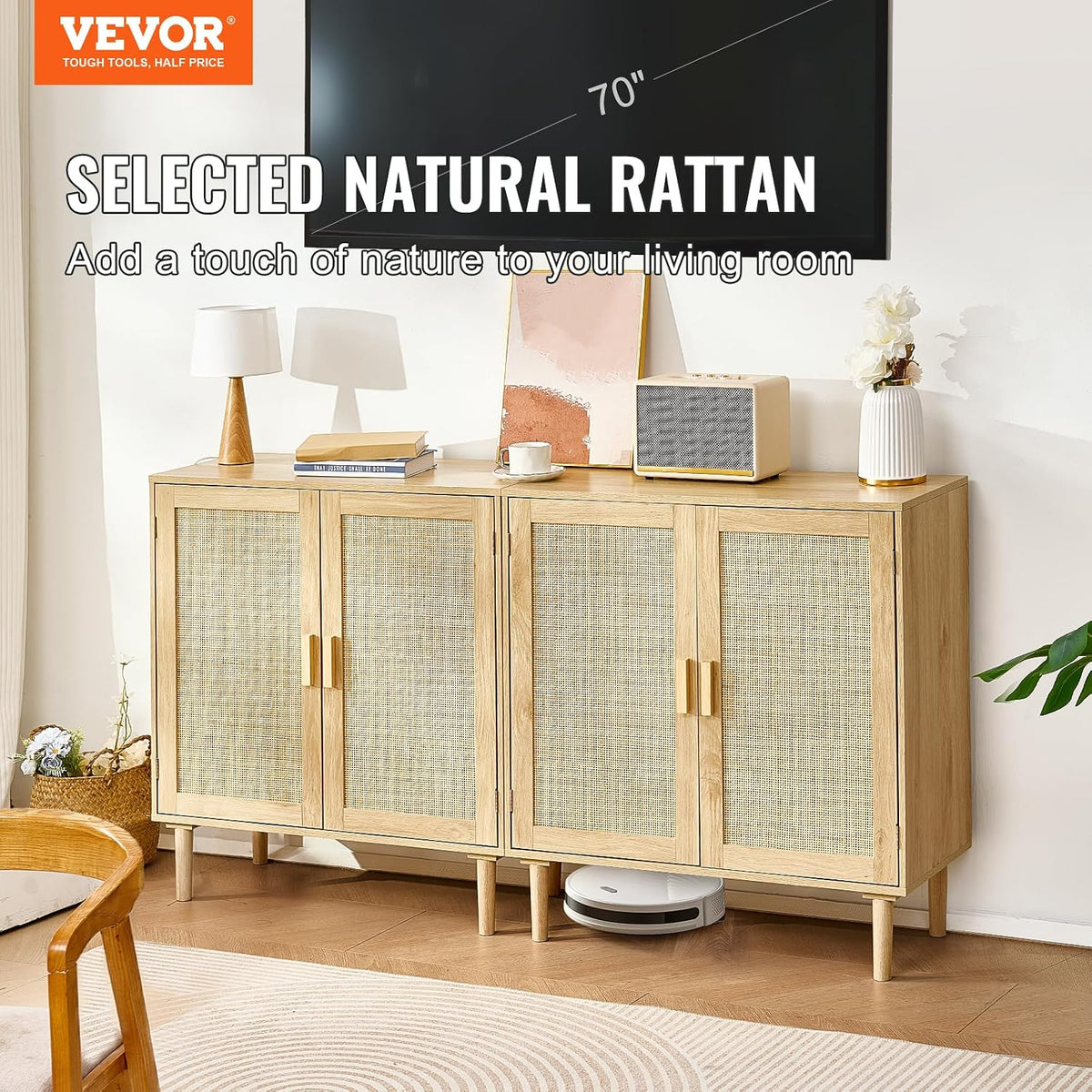 VEVOR Rattan Buffet Cabinet with Storage, 4 Magnetic Doors and Adjustable Shelves, Sideboard for Hallway, Living Room, Kitchen, Natural