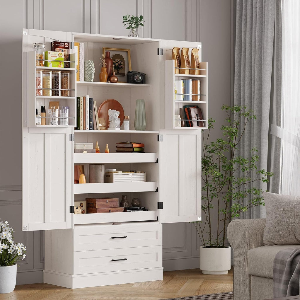 ONBRILL 71" Tall Farmhouse Kitchen Pantry Cabinet with 3 Pull Out Shelves & 2 Large Drawers, Pantry Storage Cabinet with 6 Door Shelf & Adjustable Shelf, Freestanding Cupboard for Kitchen, Dining Room
