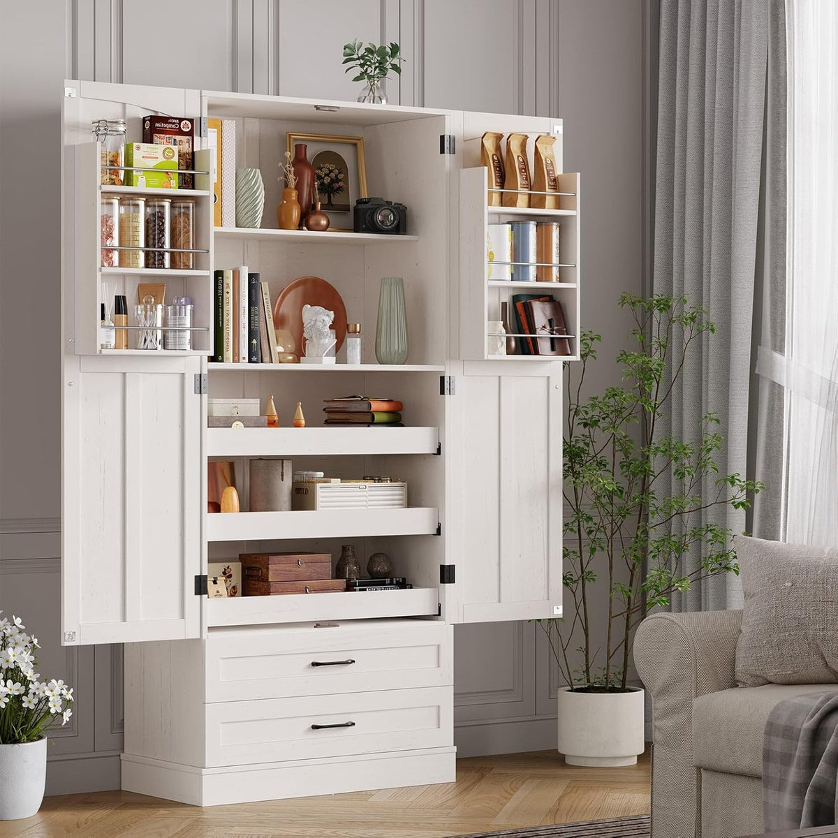 ONBRILL 71" Tall Farmhouse Kitchen Pantry Cabinet with 3 Pull Out Shelves & 2 Large Drawers, Pantry Storage Cabinet with 6 Door Shelf & Adjustable Shelf, Freestanding Cupboard for Kitchen, Dining Room