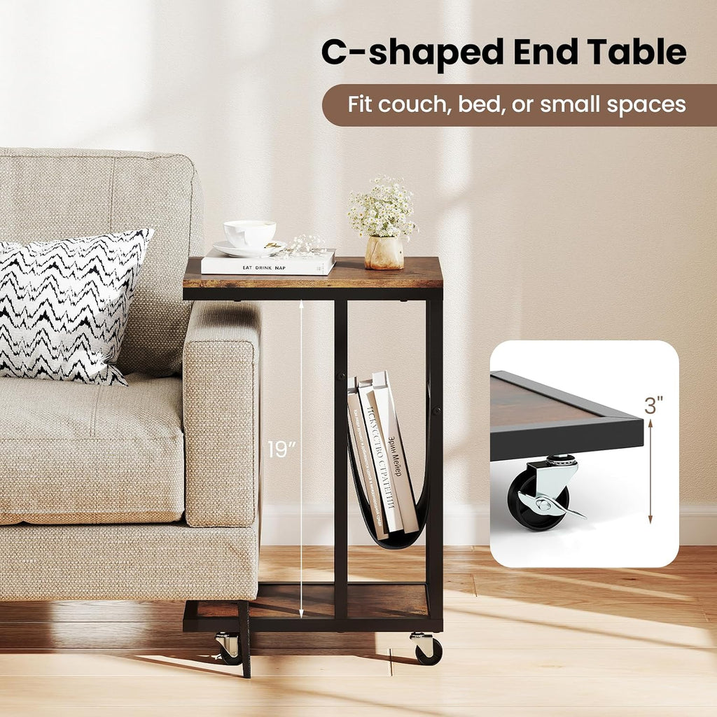 Tangkula Mobile C Shaped Side Table, 2 Tier Sofa Couch Table with Canvas Storage Pouch, Industrial End Table with Metal Frame & 360° Rolling Casters for Living Room, Bedroom
