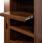 Tall Kitchen Pantry Cabinet with Microwave Stand, Walnut Coffee Bar Cabinet with Drawer, Pull-Out Storage Shelves and Aluminum Frame Glass Doors, Freestanding Food Hutch for Kitchen and Dining Room