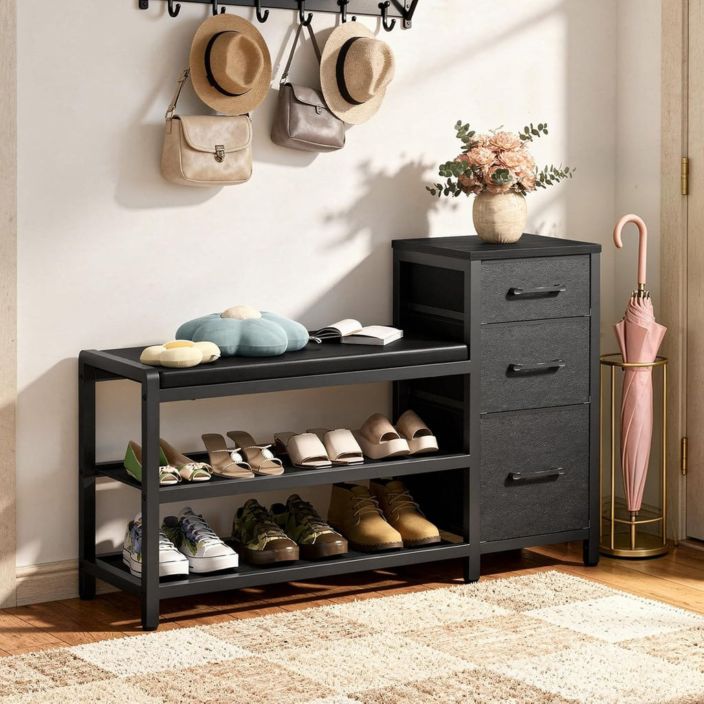 YATINEY Entryway Bench with Shoe Storage, 3-Tier Shoe Rack Bench with Wooden Shelves and 3 Non-Woven Drawers, PU Padded Shoe Storage Bench for Entryway, Bedroom, Black HX07BB