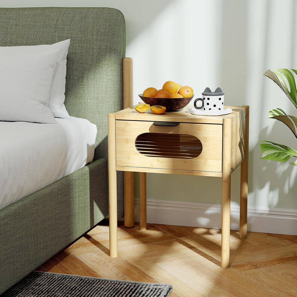 Giantex Bamboo Nightstand Set of 2, Mid Century Modern Bedside Table with Tempered Glass Decorated Drawer, Boho End Table for Bedroom, Living Room and Small Spaces, 16" L x 16" W x 20" H, Natural