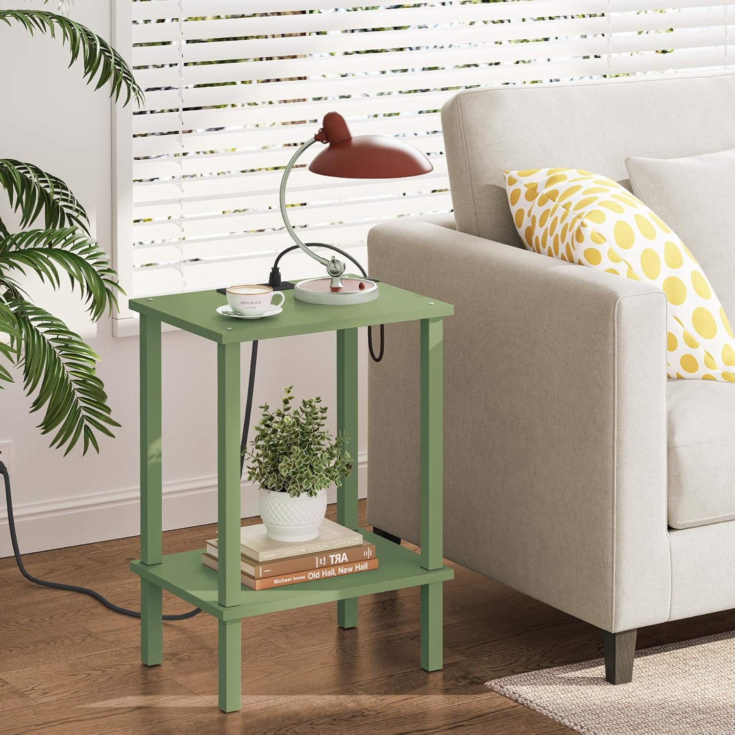 TUTOTAK End Table with Charging Station, Small Side Table with Outlets, Nightstand Bedside Table, 2-Tier Storage Shelf for Small Space, Living Room, Bedroom, Olive Green TB01BOG040