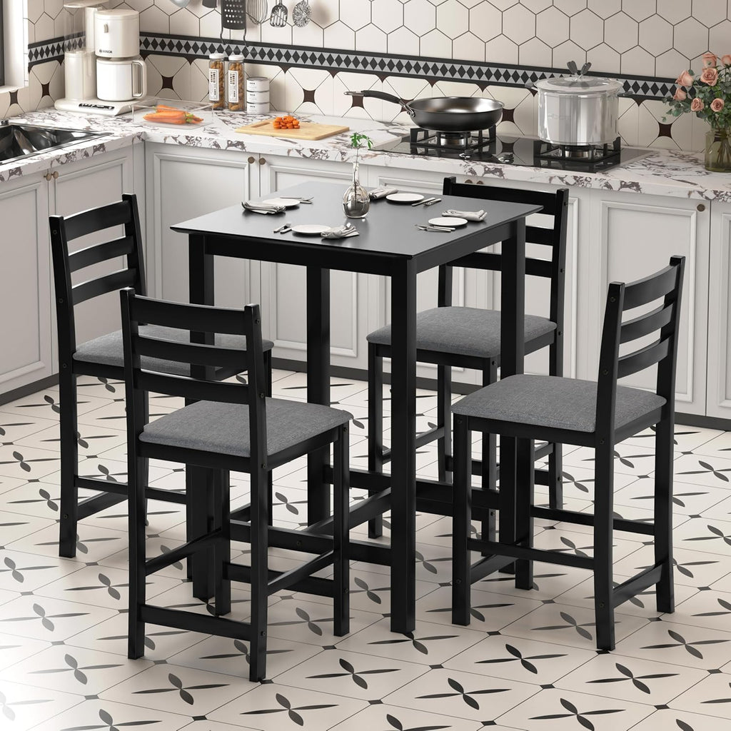 27.5 inch Bar Table and Chairs Set, Solid Wood Bar Height Pub Table and Chairs Set of 4, Counter Height Table Set, Square High Top Table and Chairs Set for Dining Room