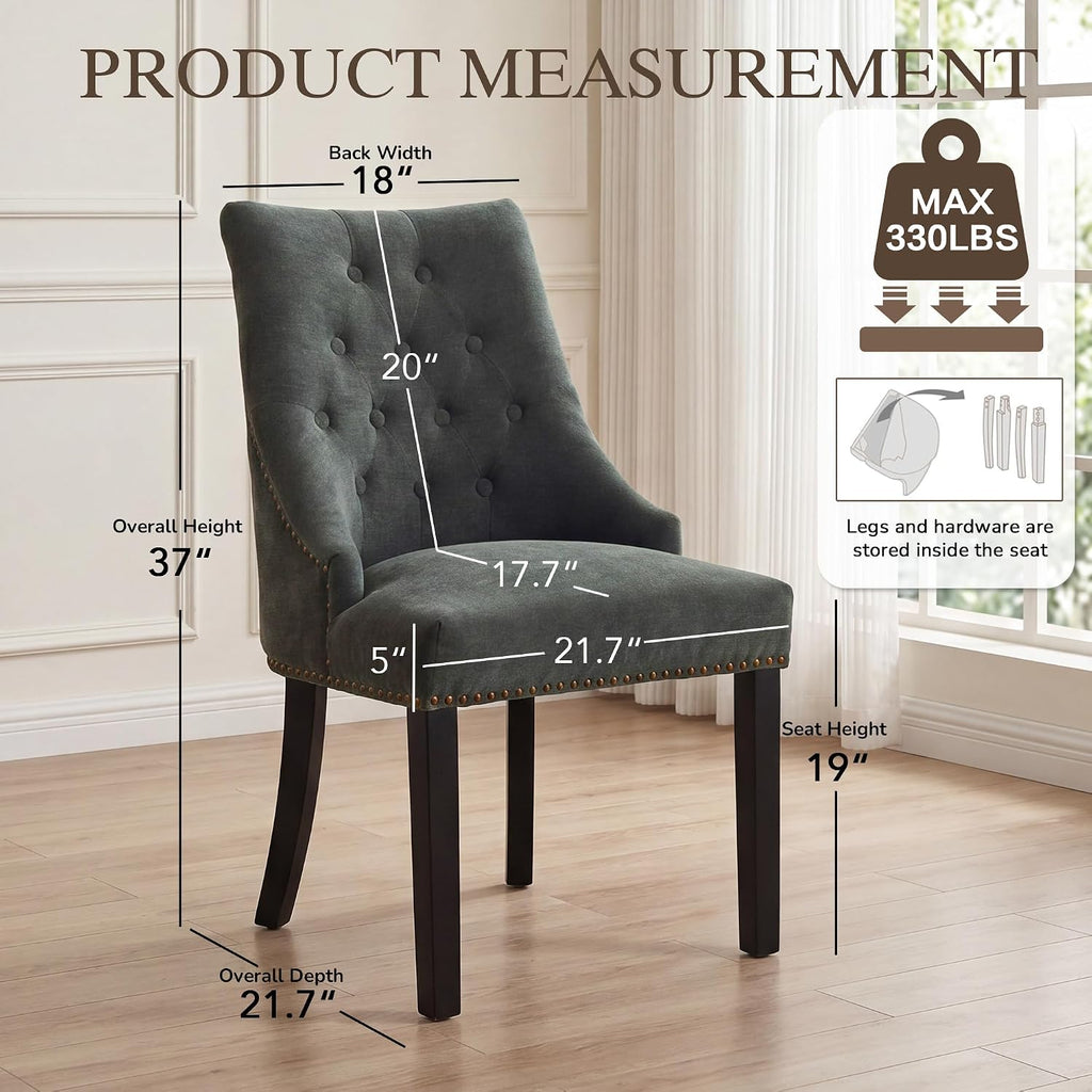 LSSBOUGHT Tufted Dining Chairs, Upholstered Accent Chairs with Nailhead Trim Solid Wood Legs for Kitchen & Dining Room (Green, Set of 2)