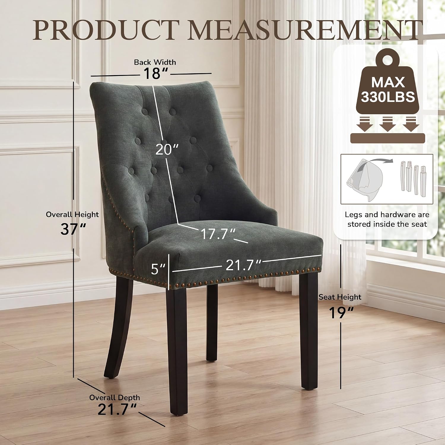 LSSBOUGHT Tufted Dining Chairs, Upholstered Accent Chairs with Nailhead Trim Solid Wood Legs for Kitchen & Dining Room (Green, Set of 2)