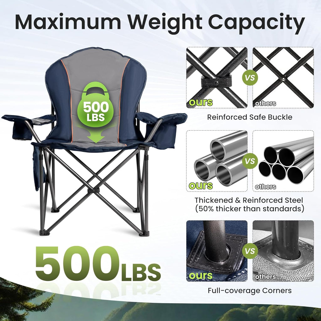Oversized Camping Chair Heavy Duty- Portable Folding Chair, Cup Holder & Waterproof Phone Case for Adults, Beach, Hiking, Backyard (Blue & Gray, 2 PCS)