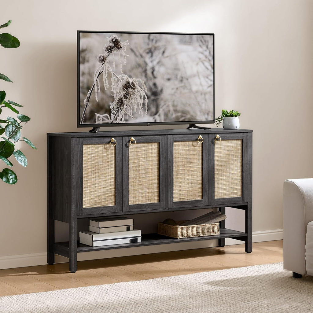 SICOTAS 55" Obsidian Sideboard Buffet Cabinet with Rattan Doors, Modern Industrial Coffee Bar Cabinet with Open Shelf, Black Wood Credenza & Console Table for Entryway, Kitchen, Dining Room