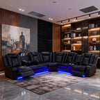 Power Recliner Sofa Set, Living Room Furniture Sets, Leather Sectional Sofa Set with LED Lights, Cup Holders, Storage Console for Living Room/Home Theater (Black)