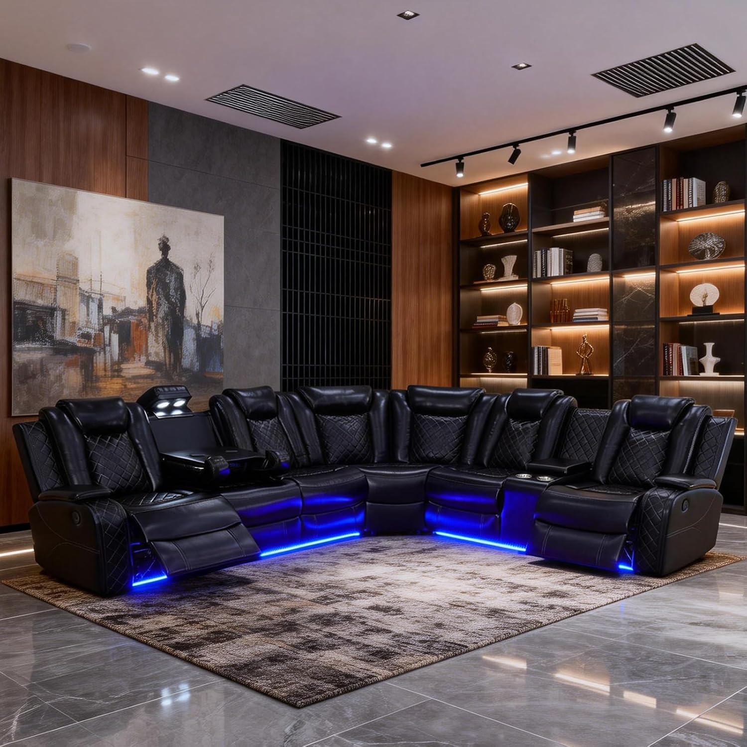 Power Recliner Sofa Set, Living Room Furniture Sets, Leather Sectional Sofa Set with LED Lights, Cup Holders, Storage Console for Living Room/Home Theater (Black)