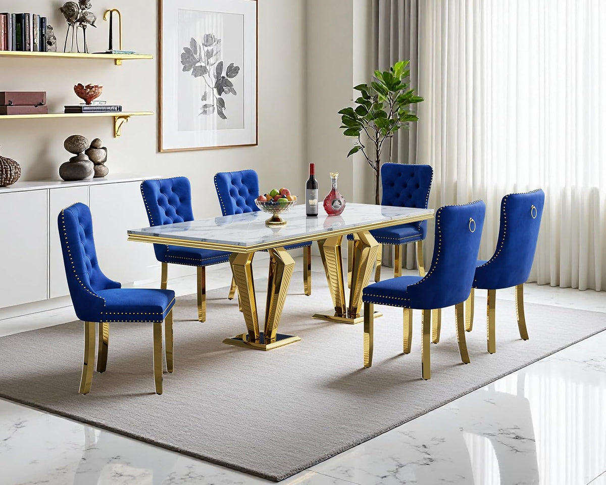 Henf White Gold Faux Marble Dining Table Set for 6, Modern 7-Piece Dining Table Set with 6 Upholstered Chairs, 68" Large Long Marble Kitchen Dining Room Table and Chairs with Stainless Steel Base