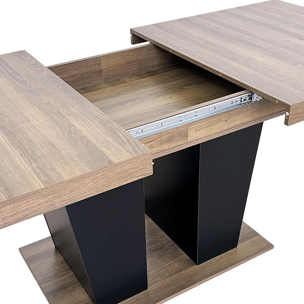 78.74" Extendable Dining Room Table for 4-10 People,Wooden Transformer Kitchen Dining Table with Black Double Sturdy Pedestal Base,Modern Expandable Large Table,Beige+Brown