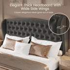 LARMACE King Size Bed Frame Velvet Upholstered Platform Bed with Wingback Headboard & Footbaord, Deep Button Tufted Bed Frame with Wood Slats Support, No Box Spring Needed, Grey