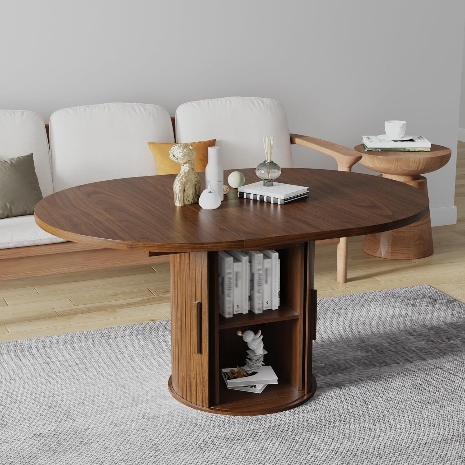Expandable Dining Table,Round Wooden Kitchen Table,Double Layered Storage Space with Partitions,Equipped with Circular Sliding Doors, Suitable for Kitchen (Expandable Dining table-Walnut-02)