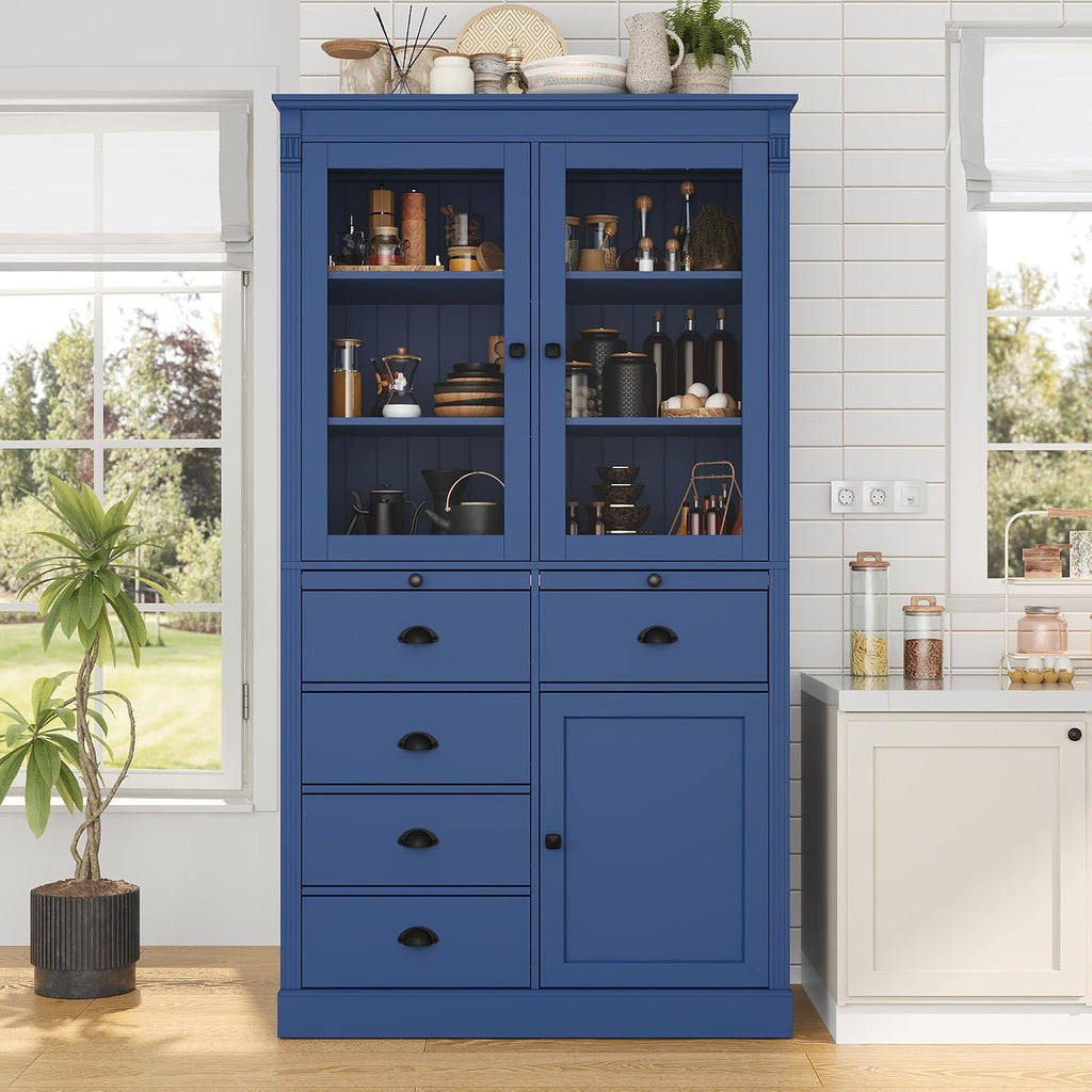 Tall Kitchen Pantry Cabinet with Glass Doors, Display Cabinet Coffee Bar Cabinet with Drawers, Serving Trays and Shelves for Dining Room, Living Room (Blue)