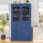 Tall Kitchen Pantry Cabinet with Glass Doors, Display Cabinet Coffee Bar Cabinet with Drawers, Serving Trays and Shelves for Dining Room, Living Room (Blue)