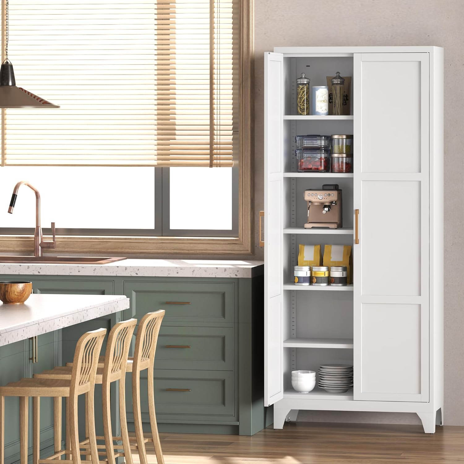 Coolsun Metal Pantry Cabinet, 71" Kitchen Pantry Storage Cabinet with 2 Doors and 4 Adjustable Shelves, Food Pantry Cabinet for Kitchen, Living Room, Dining Room, Home Office