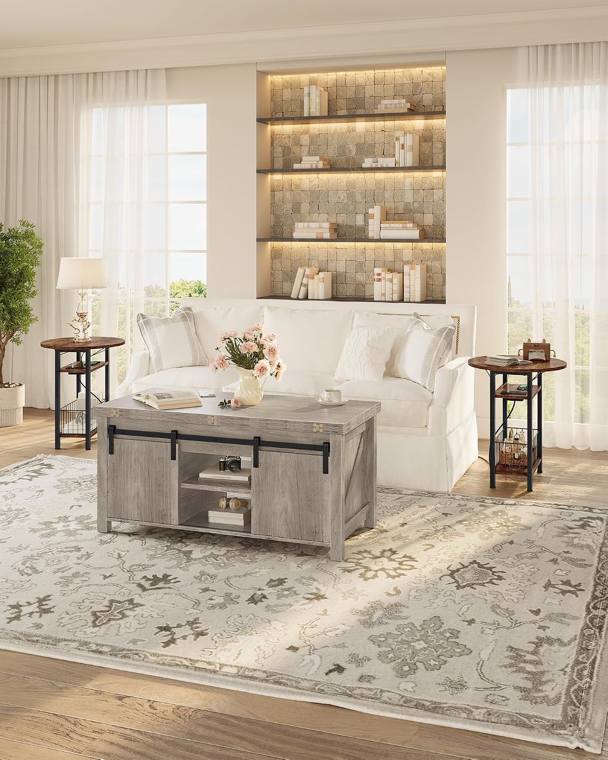 Folding Side Table with Charging Station, 3-Tier Narrow End Couch Table with Folding Top, Storage Basket, Round Side Table for Small Spaces, for Sofa Living Room, Bedroom, Rustic Brown TBZ10UBF