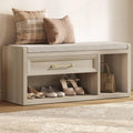SICOTAS Shoe Bench with Storage, Farmhouse 43.3" Extra Wide Entryway Bench with Cushion, Drawer & Tall Boot Shelf, 18.9" Comfort Height Seat, Large Shoe Organizer for Hallway Bedroom, Grey White Oak