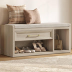 SICOTAS Shoe Bench with Storage, Farmhouse 43.3" Extra Wide Entryway Bench with Cushion, Drawer & Tall Boot Shelf, 18.9" Comfort Height Seat, Large Shoe Organizer for Hallway Bedroom, Grey White Oak